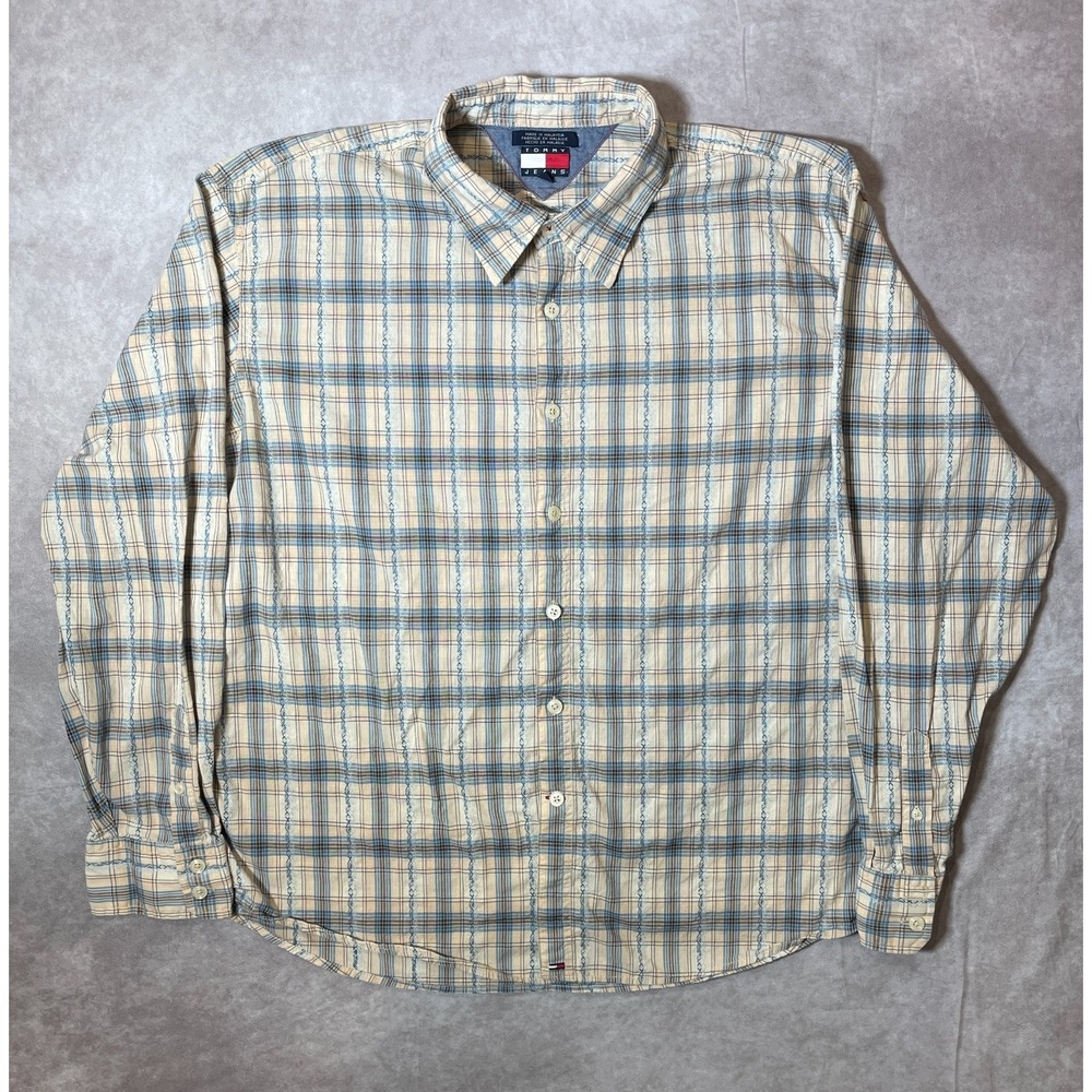 Vintage Tommy Hilfiger Shirt Mens 2XL Oatmeal Plaid Long Sleeve Button Down 90s